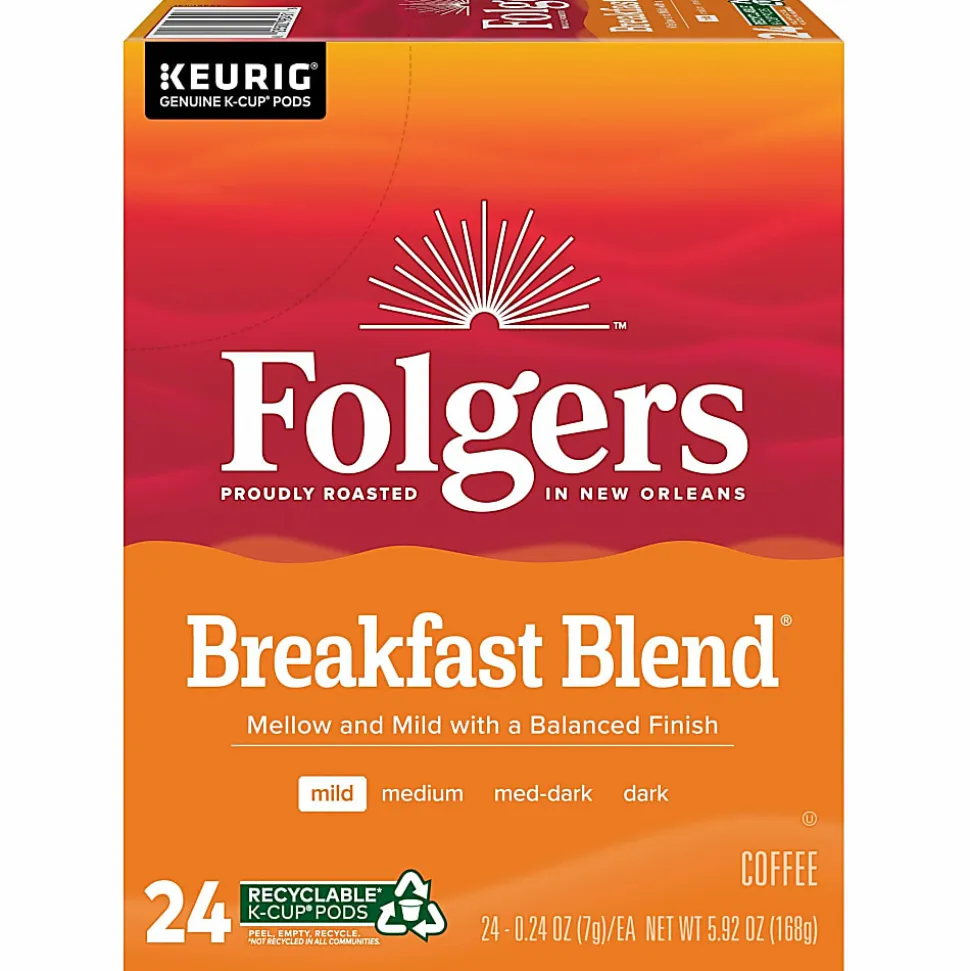 Folgers® K-Cup Breakfast Blend Coffee K-Cup Pods - Compatible with Keurig K-Cup Brewer - Light/Mild - 24 K-Cup - 24 / Box