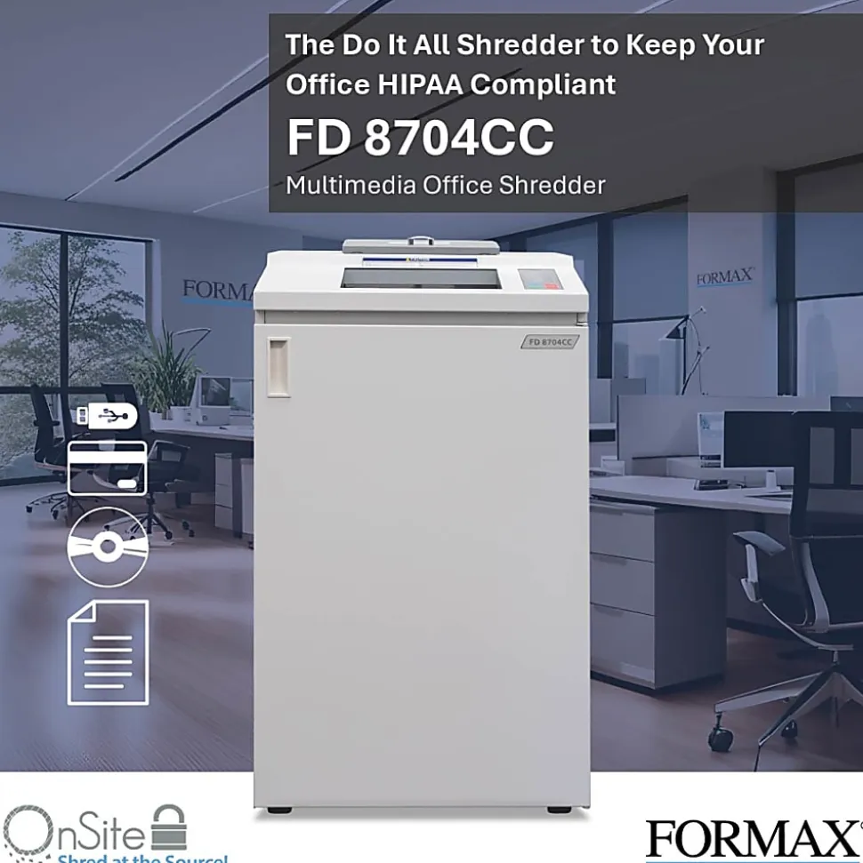 Formax OnSite FD 8704CC 45-Sheet Cross-Cut Multimedia Office Shredder, Gray