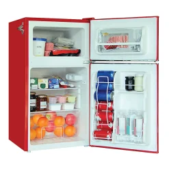 Frigidaire 2-Door Retro 3.2 cu ft Compact Bar Fridge with Freezer and Side Bottle Opener, Red
