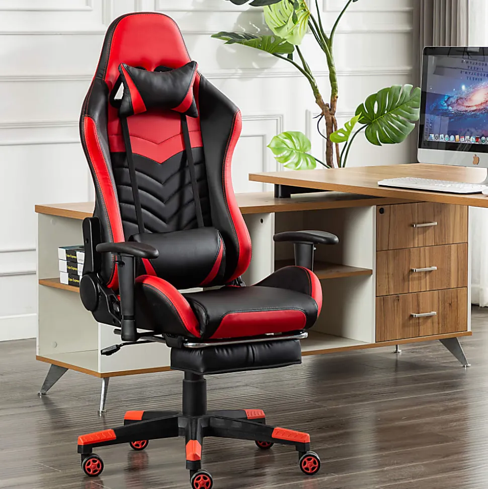 GameFitz Ergonomic Faux Leather Gaming Chair, Black/Red