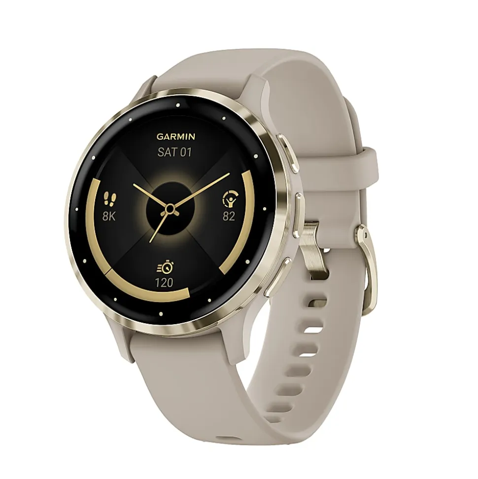 Garmin Venu 3S Fitness Smartwatch With Stainless-Steel Bezel And Silicone Band, French Gray/Soft Gold