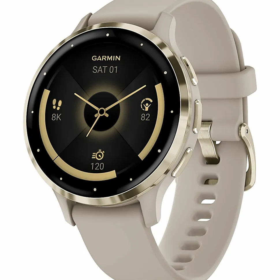 Garmin Venu 3S Fitness Smartwatch With Stainless-Steel Bezel And Silicone Band, French Gray/Soft Gold