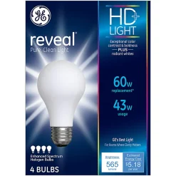 GE Lighting Halogen Light Bulbs, A19, 43 Watts, Pack Of 4 Bulbs