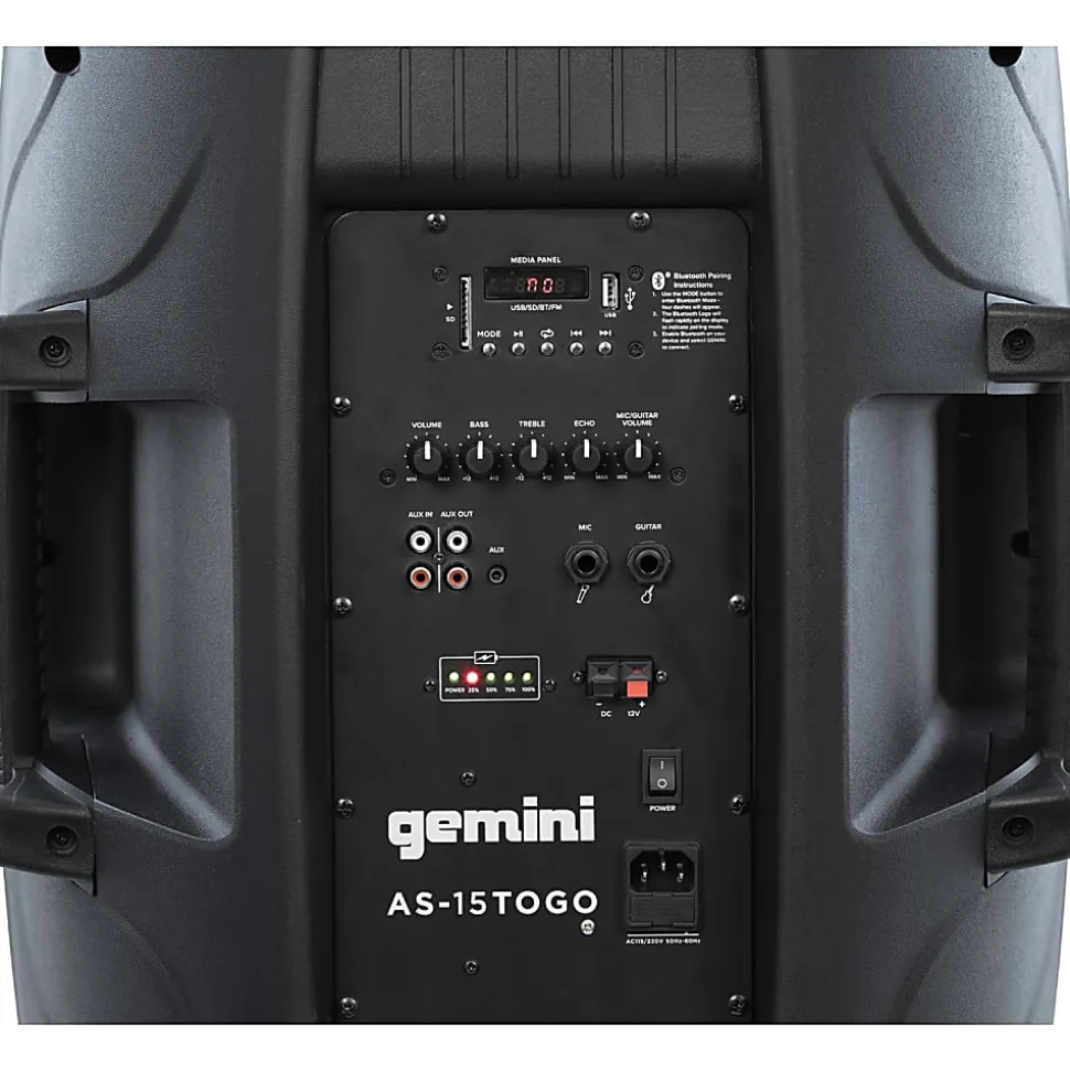 Gemini Portable Bluetooth PA Speaker With Integrated Mixer & Wired Microphone, Black, AS-15TOGO