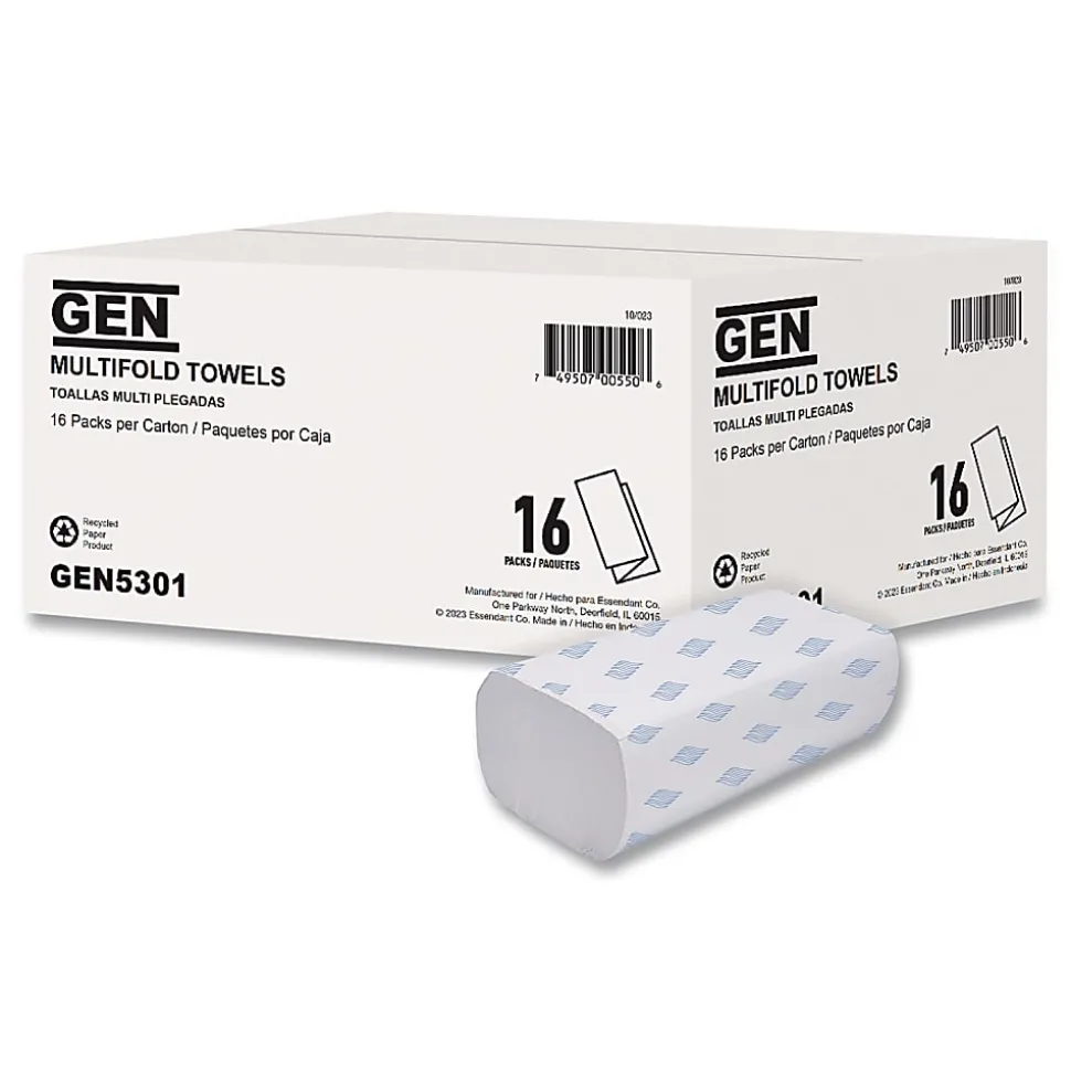 GEN Multifold Towels, 1-Ply, 9.25 x 9.05, White, 250/Pack, 16 Packs/Carton