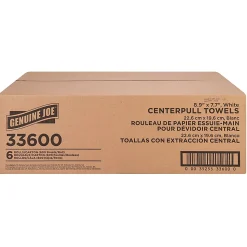 Genuine Joe Centerpull Towel Rolls - 8.13" Width x 7.56" Length - 600 Sheets/Roll - 3" Core - White - Virgin Fiber - 6 / Carton