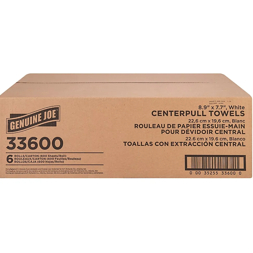 Genuine Joe Centerpull Towel Rolls - 8.13" Width x 7.56" Length - 600 Sheets/Roll - 3" Core - White - Virgin Fiber - 6 / Carton