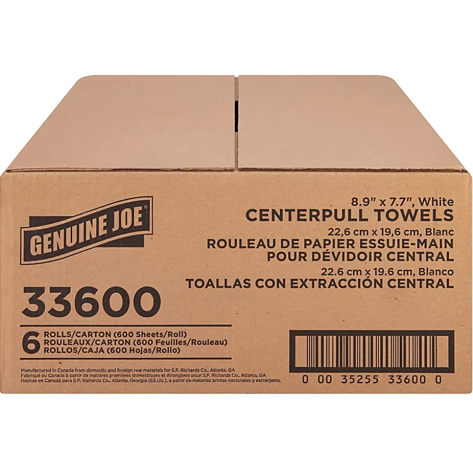 Genuine Joe Centerpull Towel Rolls - 8.13" Width x 7.56" Length - 600 Sheets/Roll - 3" Core - White - Virgin Fiber - 6 / Carton