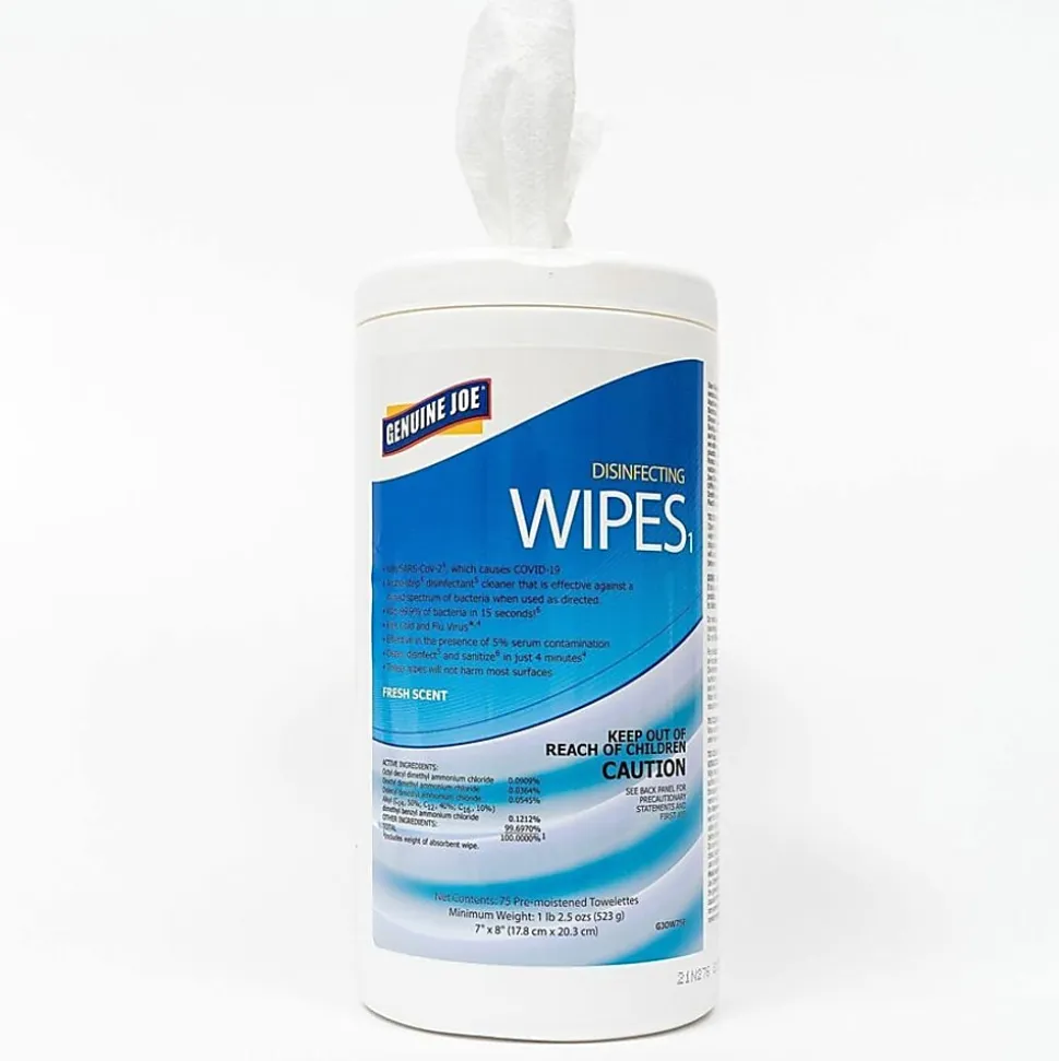 Genuine Joe Disinfecting Wipes - Ready-To-Use - Fresh Citrus Scent - 8" x 7"- Pre-moistened, Strong, Absorbent - White - 75Tub - 6 / Carton - W75F