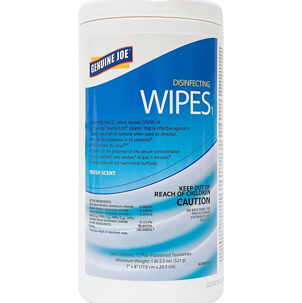 Genuine Joe Disinfecting Wipes - Ready-To-Use - Fresh Citrus Scent - 8" x 7"- Pre-moistened, Strong, Absorbent - White - 75Tub - 6 / Carton - W75F