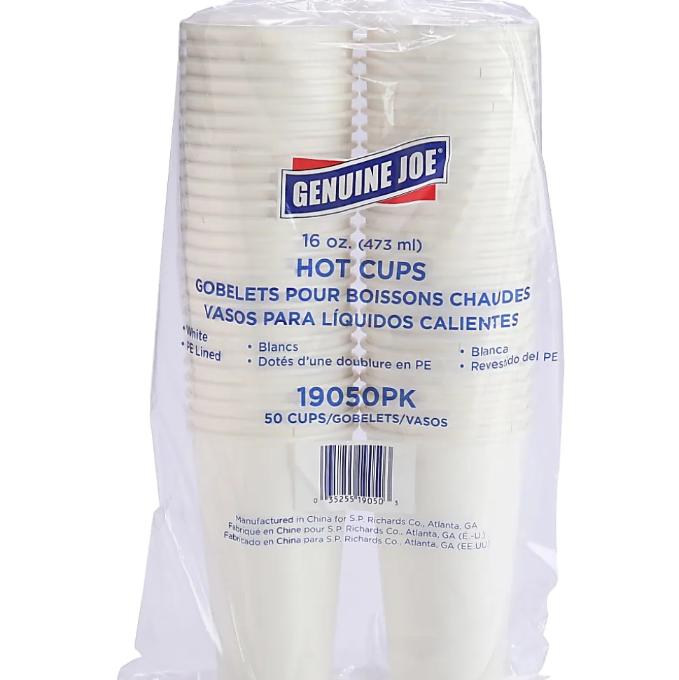 Genuine Joe Disposable Hot Cups, 16 Oz, White, Pack Of 50