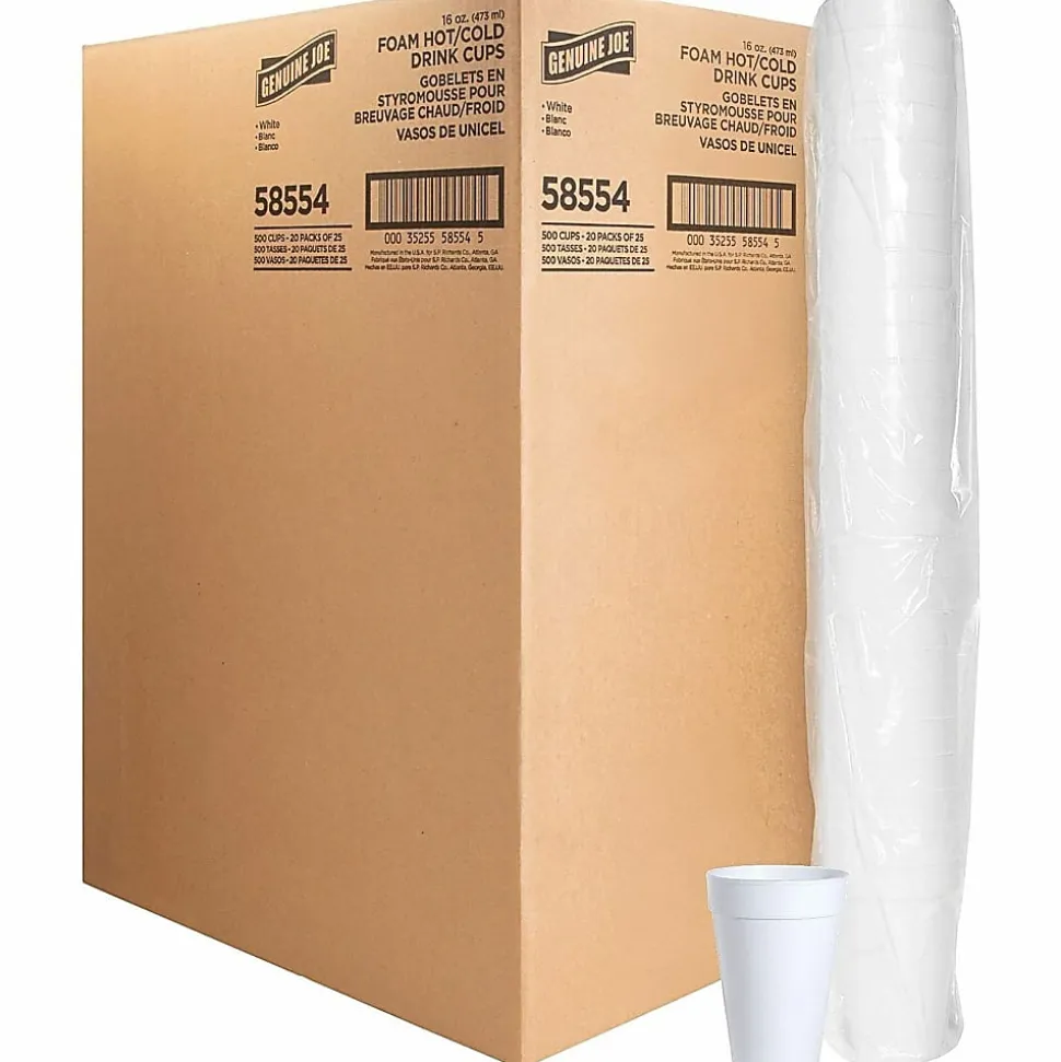 Genuine Joe Hot/Cold Foam Cups, 16 Oz, White, Carton Of 500 Cups