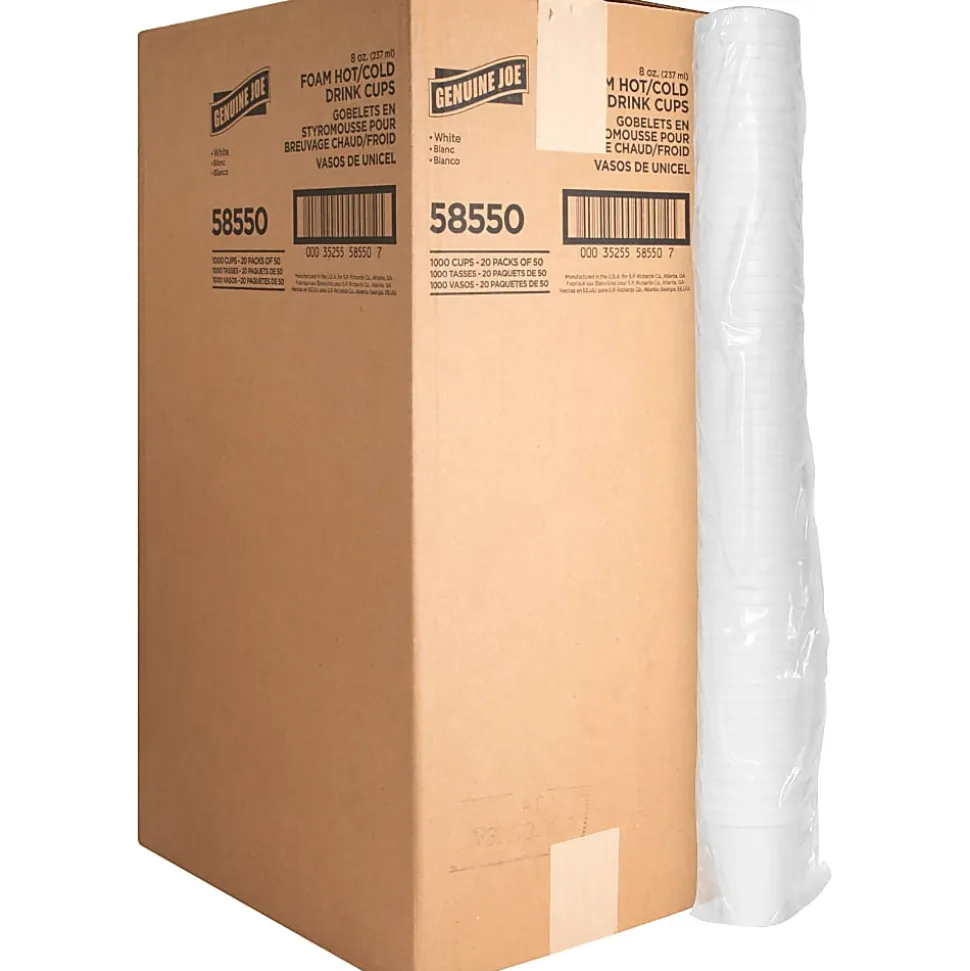Genuine Joe Hot/Cold Foam Cups, 8 Oz, White, Carton Of 1,000 Cups