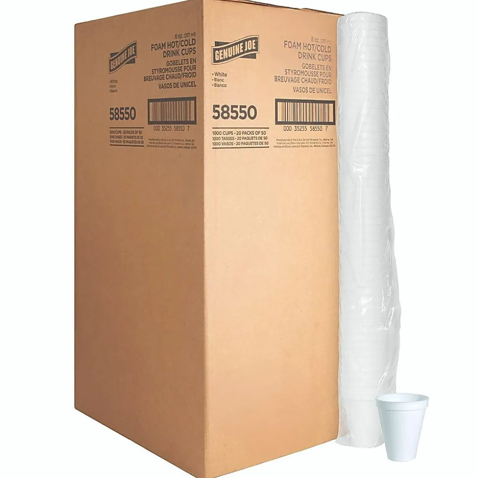 Genuine Joe Hot/Cold Foam Cups, 8 Oz, White, Carton Of 1,000 Cups