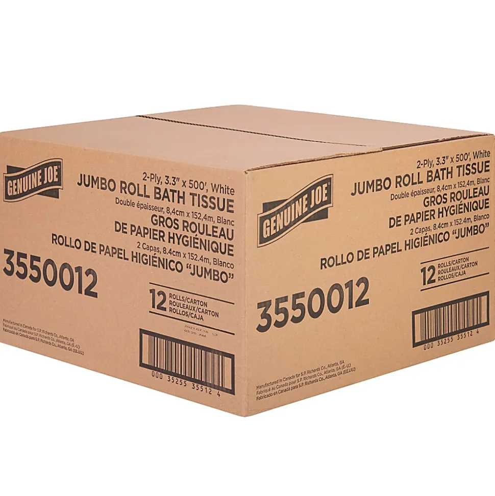 Genuine Joe Jumbo Jr Dispenser Bath Tissue Roll - 2 Ply - 3.30" Width x 500 ft Length - 8.88" Roll Diameter - White - Fiber - 12 / Carton