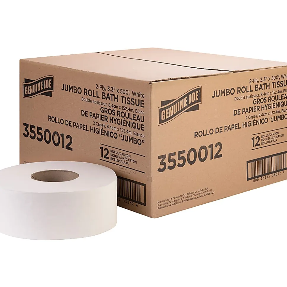 Genuine Joe Jumbo Jr Dispenser Bath Tissue Roll - 2 Ply - 3.30" Width x 500 ft Length - 8.88" Roll Diameter - White - Fiber - 12 / Carton