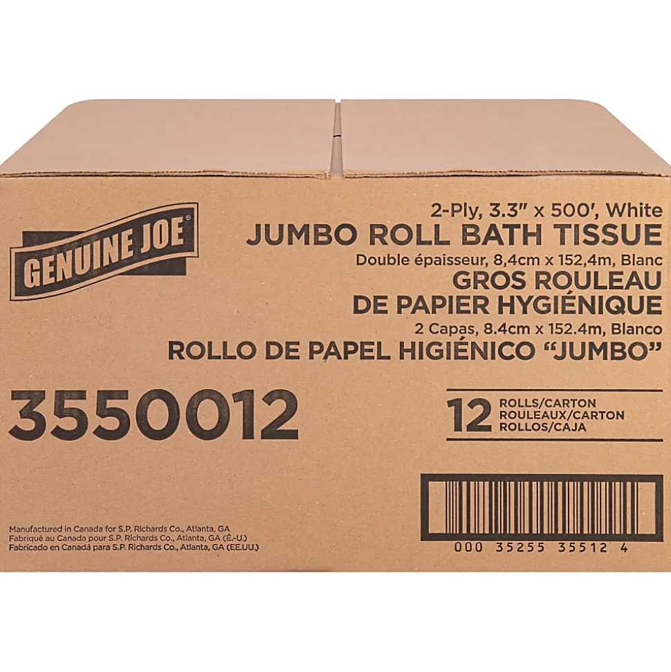 Genuine Joe Jumbo Jr Dispenser Bath Tissue Roll - 2 Ply - 3.30" Width x 500 ft Length - 8.88" Roll Diameter - White - Fiber - 12 / Carton