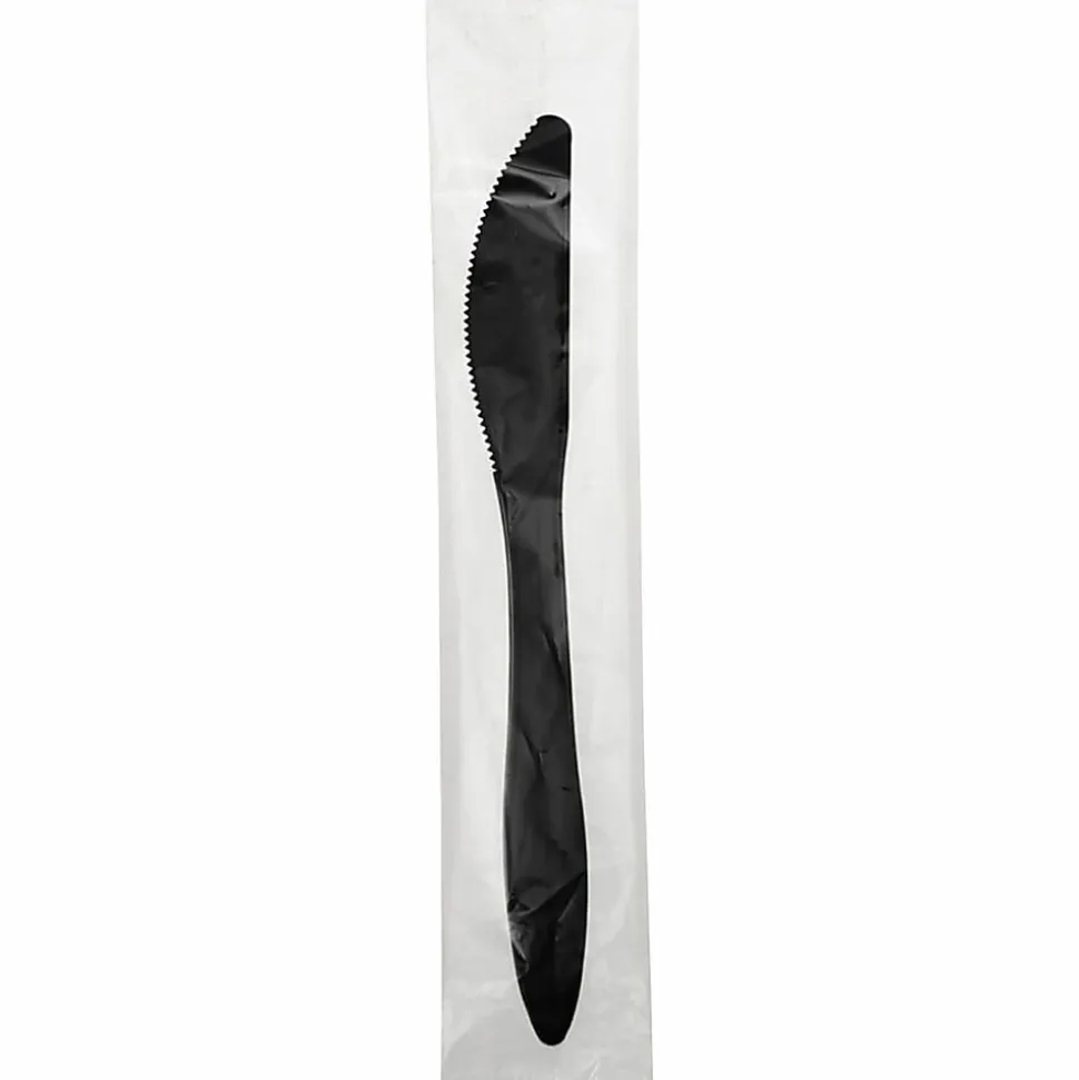 Genuine Joe Medium-weight Individually Wrapped Knives - Knife - Breakroom - Disposable - Black - 1000 / Carton