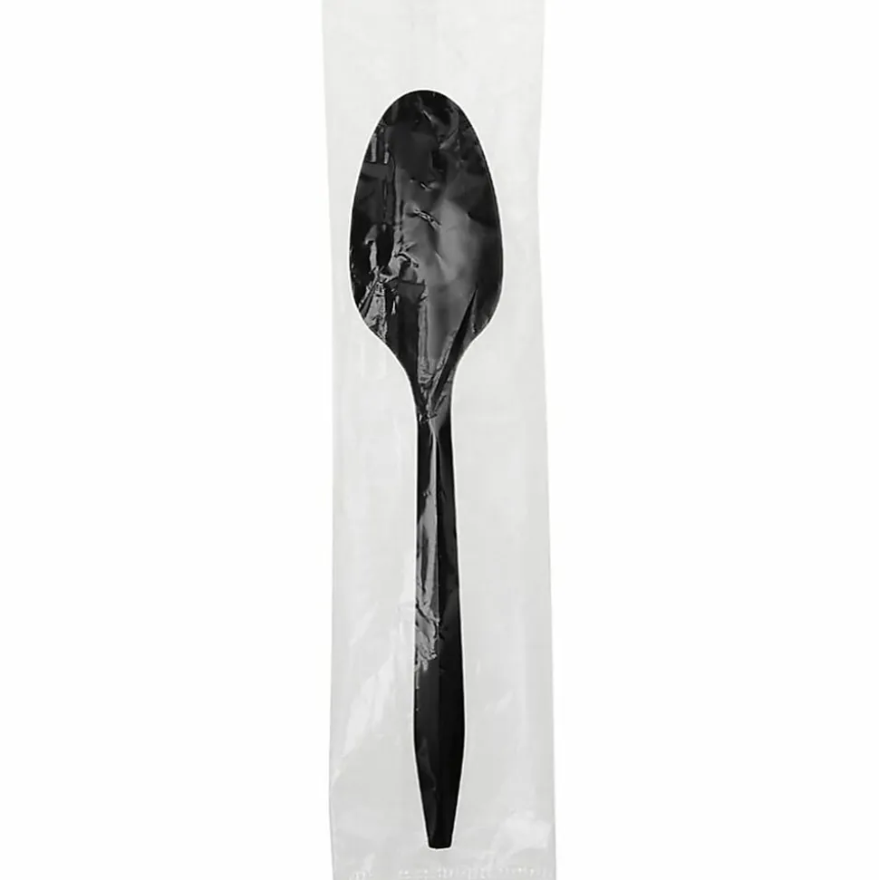 Genuine Joe Medium-weight Individually Wrapped Teaspoons - Teaspoon - Breakroom - Disposable - Black - 1000 / Carton