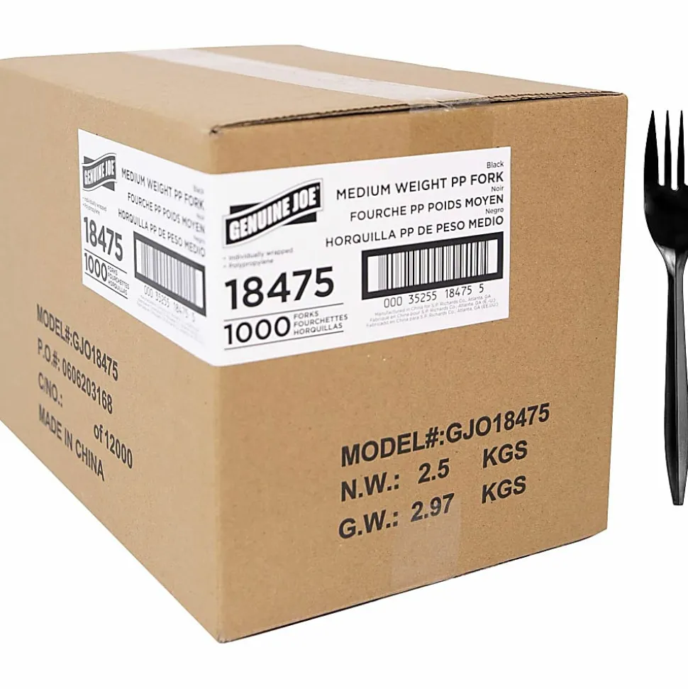 Genuine Joe Medium-weight Individually Wrapped Forks - Fork - Breakroom - Disposable - Polypropylene - Black - 1000 / Carton