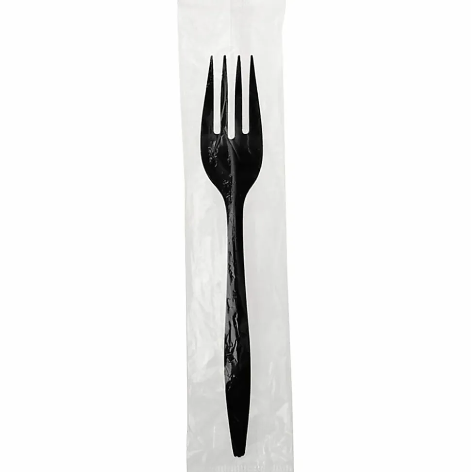 Genuine Joe Medium-weight Individually Wrapped Forks - Fork - Breakroom - Disposable - Polypropylene - Black - 1000 / Carton
