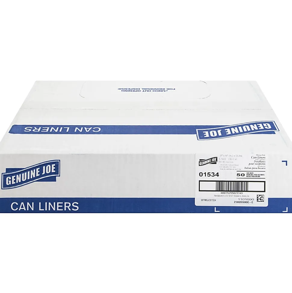Genuine Joe 1.5 mil Trash Bags, 45 gal, 39"H x 46"W, Black, 50 Bags