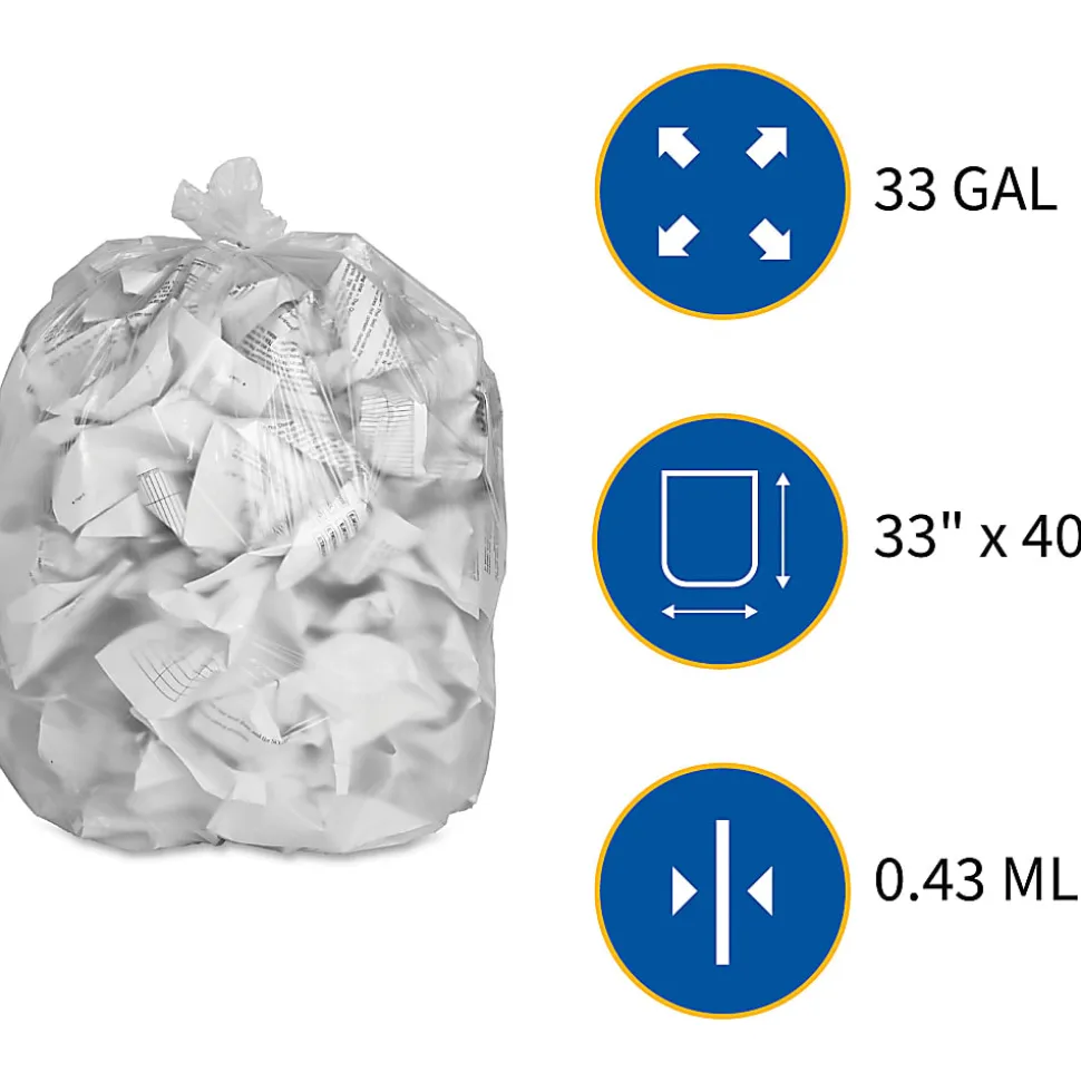 Genuine Joe 0.6 mil Trash Bags, 33 gal, 33"H x 40"W, Clear, 500 Bags