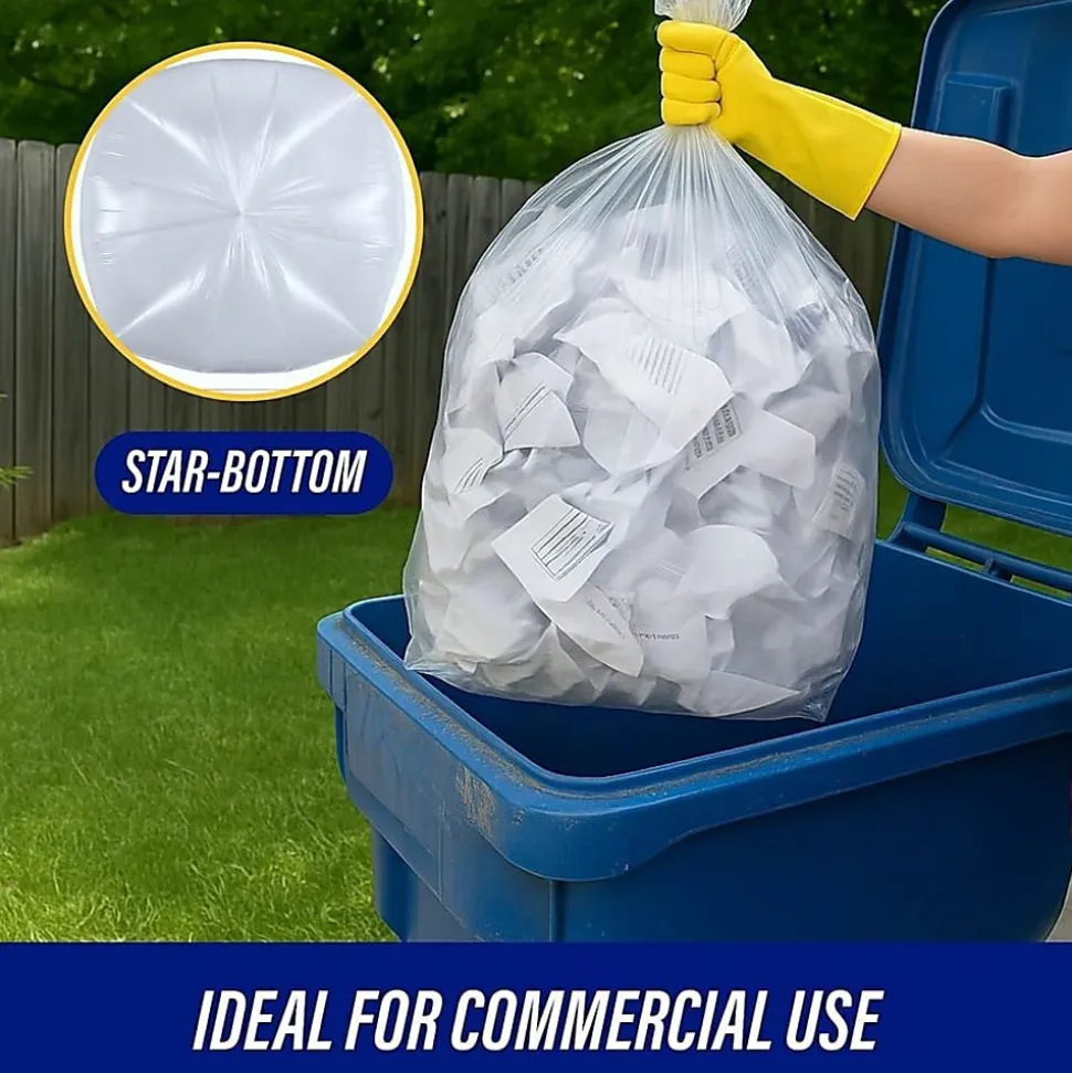 Genuine Joe 0.6 mil Trash Bags, 0.6 mil, 60 gal, 38"H x 58"W, Clear, 100 Bags