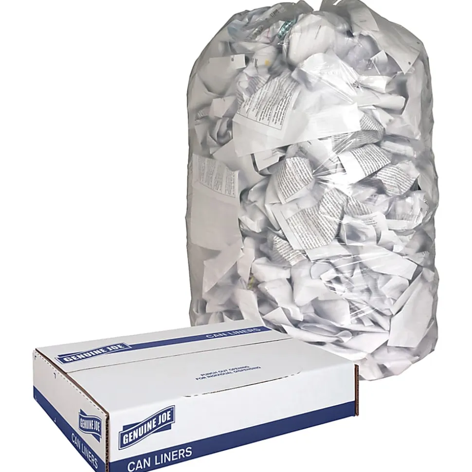 Genuine Joe 0.6 mil Trash Bags, 0.6 mil, 60 gal, 38"H x 58"W, Clear, 100 Bags