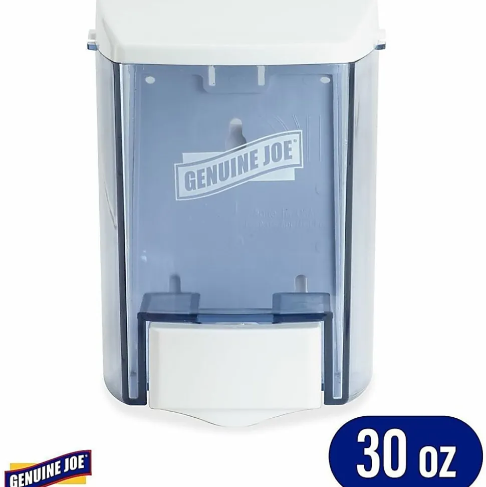 Genuine Joe 30 oz Soap Dispenser - Manual - 30 fl oz Capacity - See-through Tank, Water Resistant, Soft Push - Clear - 1 Each