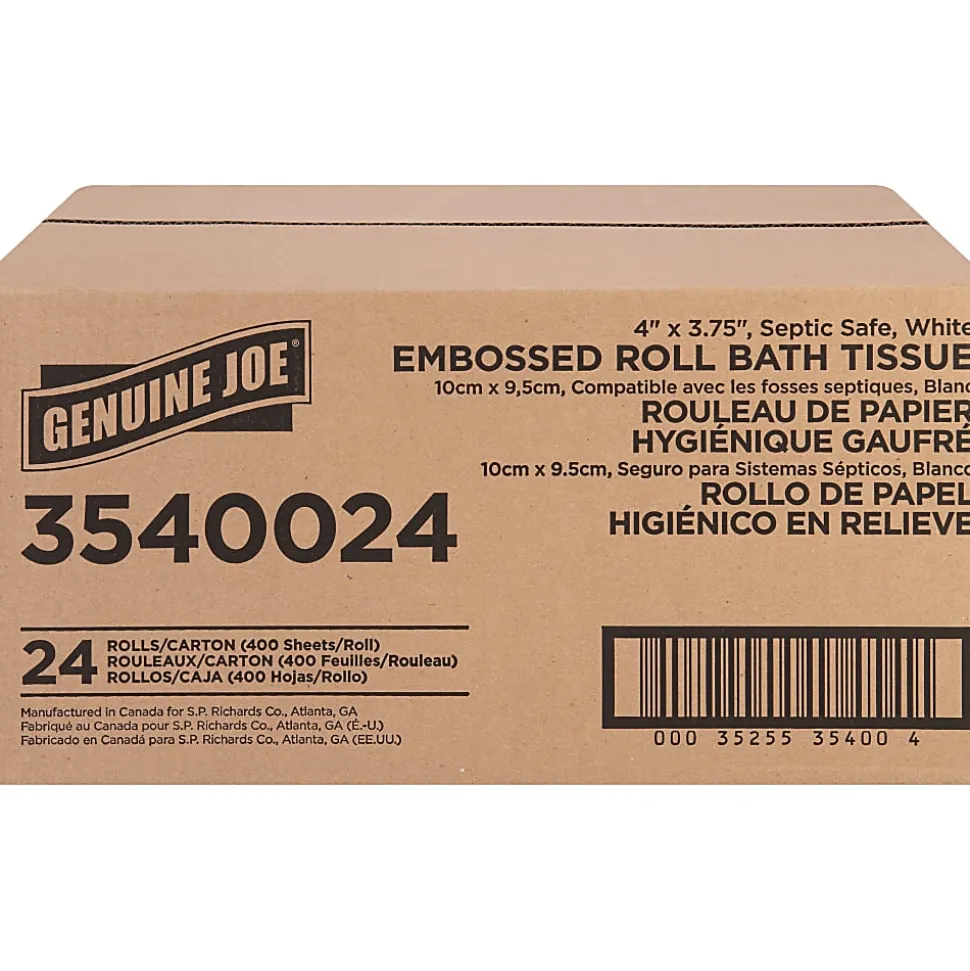 Genuine Joe 2-ply Bath Tissue Rolls - 2 Ply - 4" Width x 3.75" Length - 400 Sheets/Roll - Embossed - White - 24 / Carton