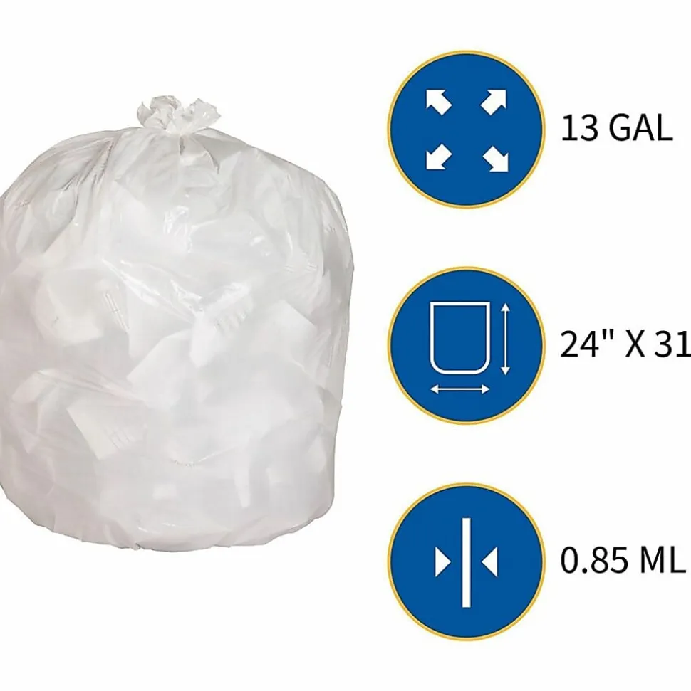 Genuine Joe 75% Recycled Heavy-Duty Contractor Trash Bags, 0.8 mil, 13 Gallons, 24" x 31", White, Box Of 150