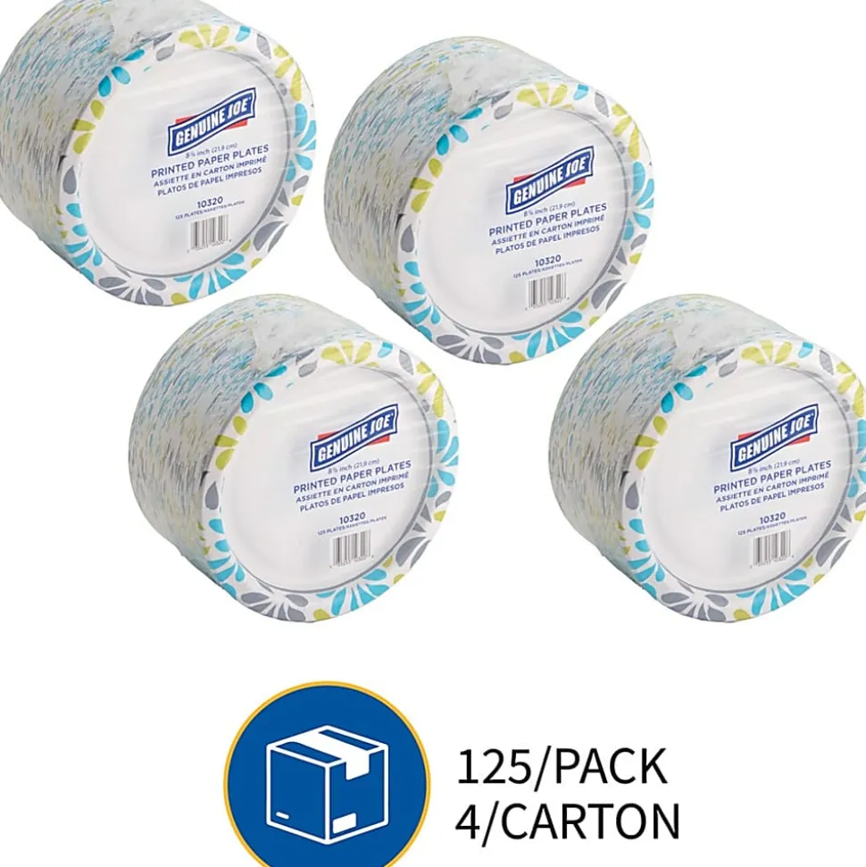 Genuine Joe Round Paper Plates, 8-5/8", Multicolor, Pack of 125 Plates.
