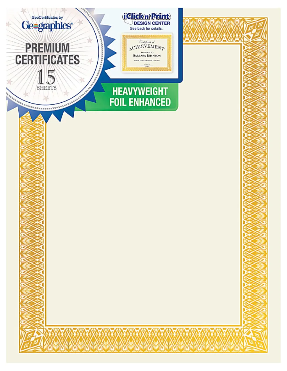 Geographics Foil Certificates, 8-1/2" x 11", Rome Gold, Pack Of 15