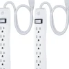 GE 6 Outlet Power Strip 2 Pack, 1'6" Cord, White, 14833