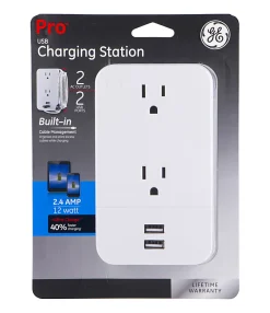 GE 2-Outlet 2-USB Wall Tap With Cable Management, 31705