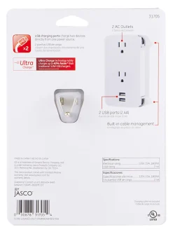 GE 2-Outlet 2-USB Wall Tap With Cable Management, 31705