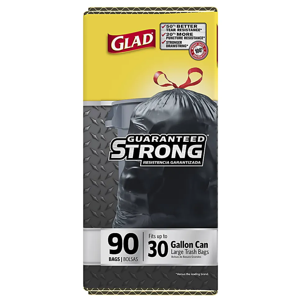 Glad® Drawstring Trash Bags, 30 Gallons, Black, Box Of 90