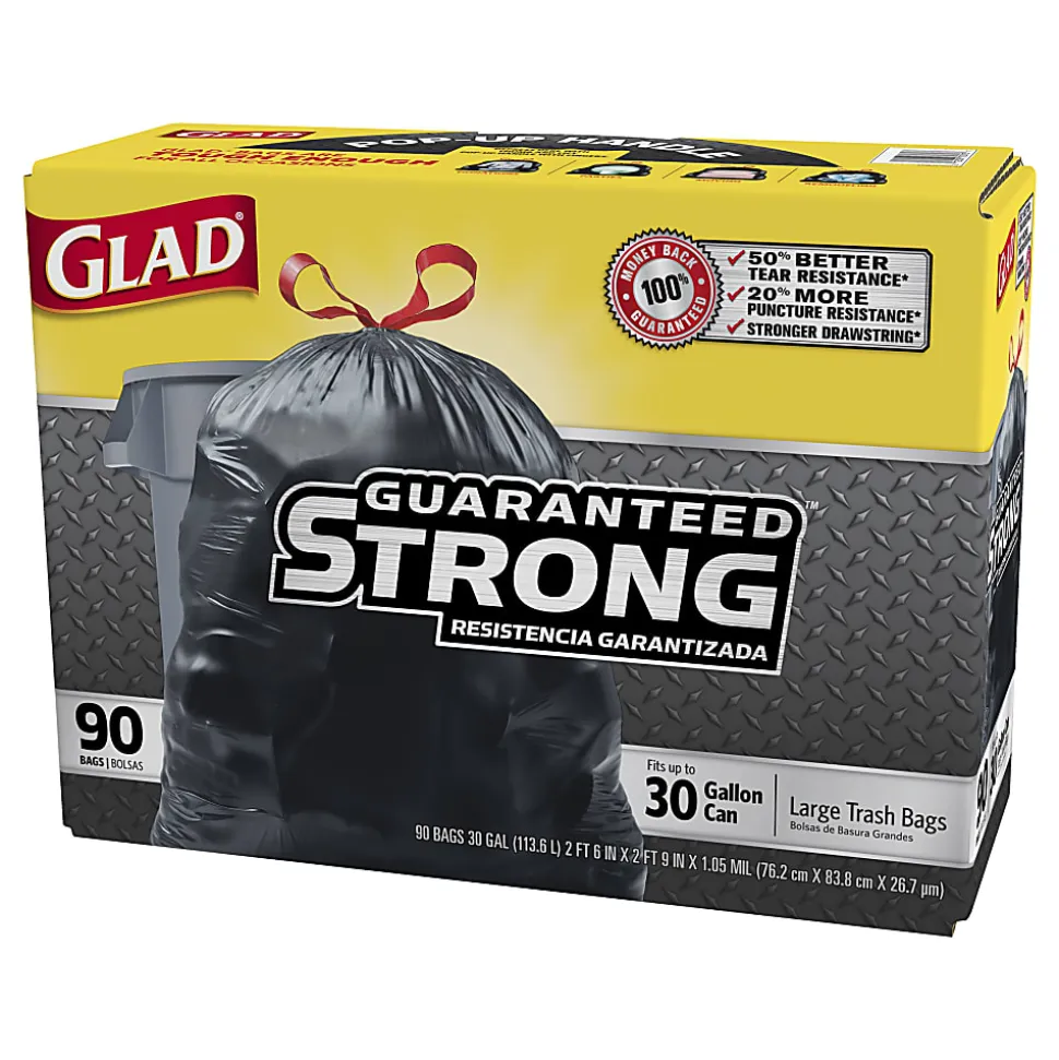 Glad® Drawstring Trash Bags, 30 Gallons, Black, Box Of 90