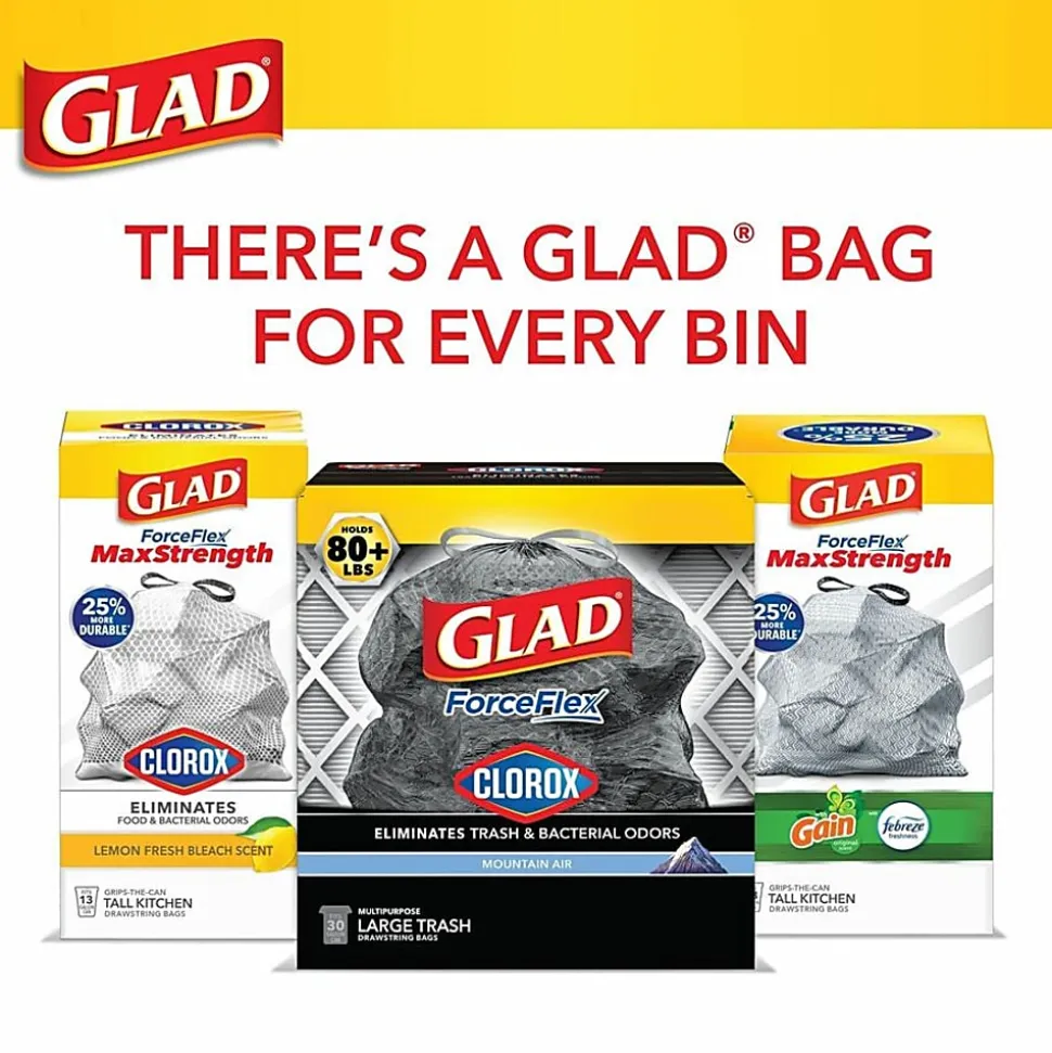 Glad® ForceFlex® Drawstring Trash Bags, 1.05 mil, 30 Gallons, Black, Box Of 25