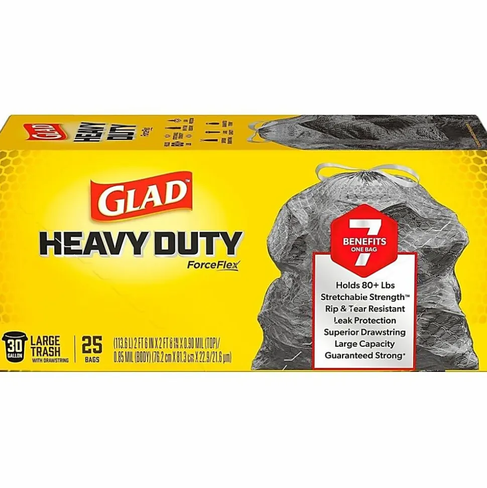 Glad® ForceFlex® Drawstring Trash Bags, 1.05 mil, 30 Gallons, Black, Box Of 25