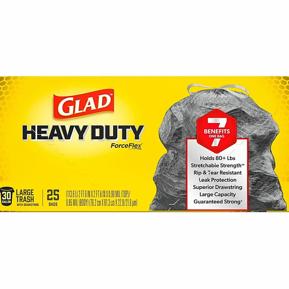 Glad® ForceFlex® Drawstring Trash Bags, 1.05 mil, 30 Gallons, Black, Box Of 25
