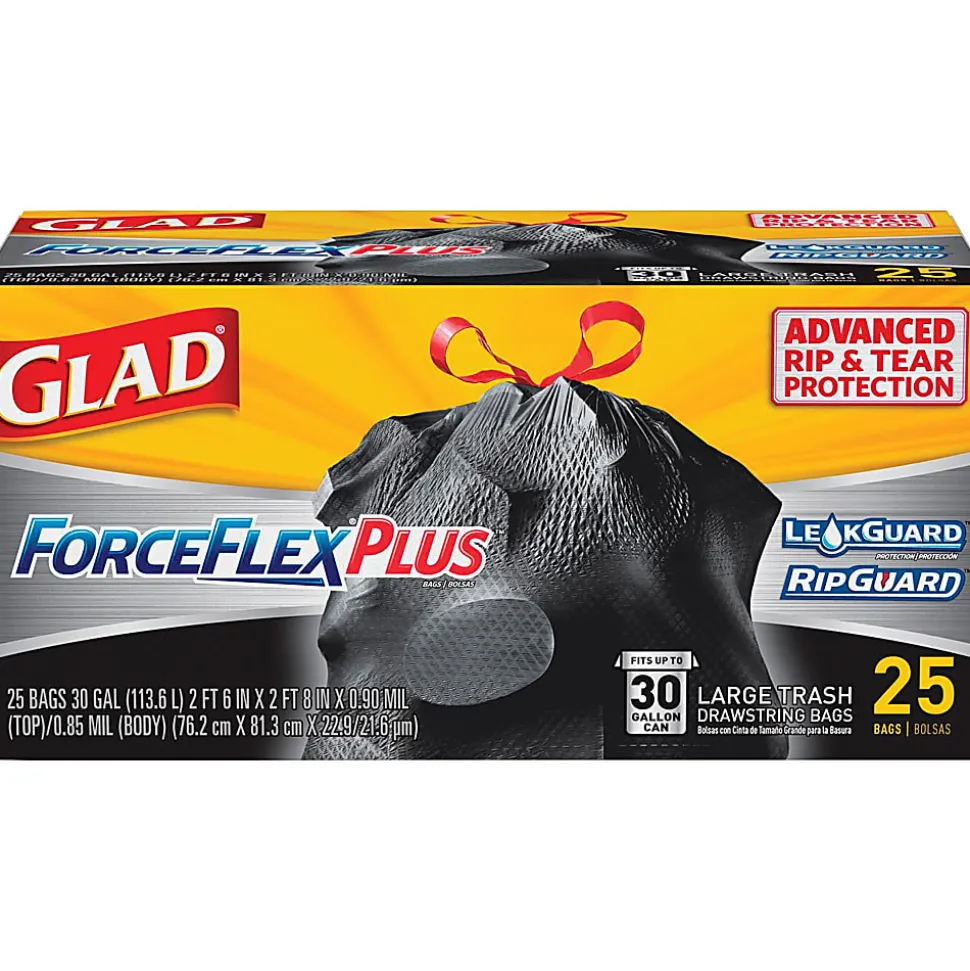 Glad® ForceFlex® Drawstring Trash Bags, 1.05 mil, 30 Gallons, Black, Box Of 25