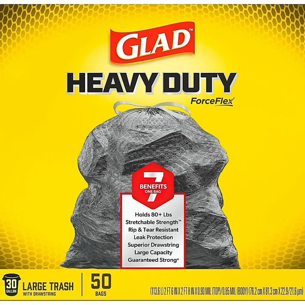 Glad ForceFlex Heavy Duty Large Drawstring Trash Bags, Hold 80+ Pounds, 30 Gal, 50 Ct, Pack of 3