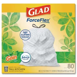 Glad ForceFlex Kitchen Drawstring Trash Bags, 13 gal, Gain Original Scent, 24" x 27.38", White, 80 Bags/Box, 3 Boxes/Carton