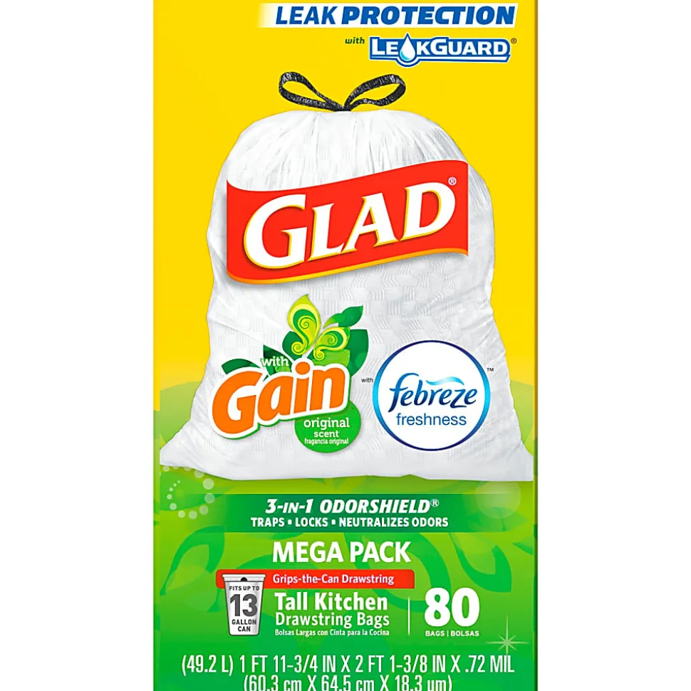 Glad ForceFlex Kitchen Drawstring Trash Bags, 13 gal, Gain Original Scent, 24" x 27.38", White, 80 Bags/Box, 3 Boxes/Carton