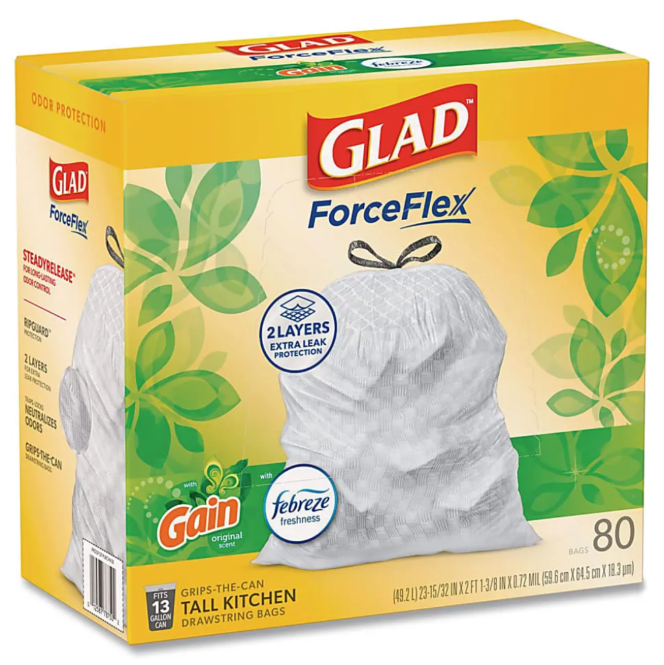 Glad ForceFlex Kitchen Drawstring Trash Bags, 13 gal, Gain Original Scent, 24" x 27.38", White, 80 Bags/Box, 3 Boxes/Carton
