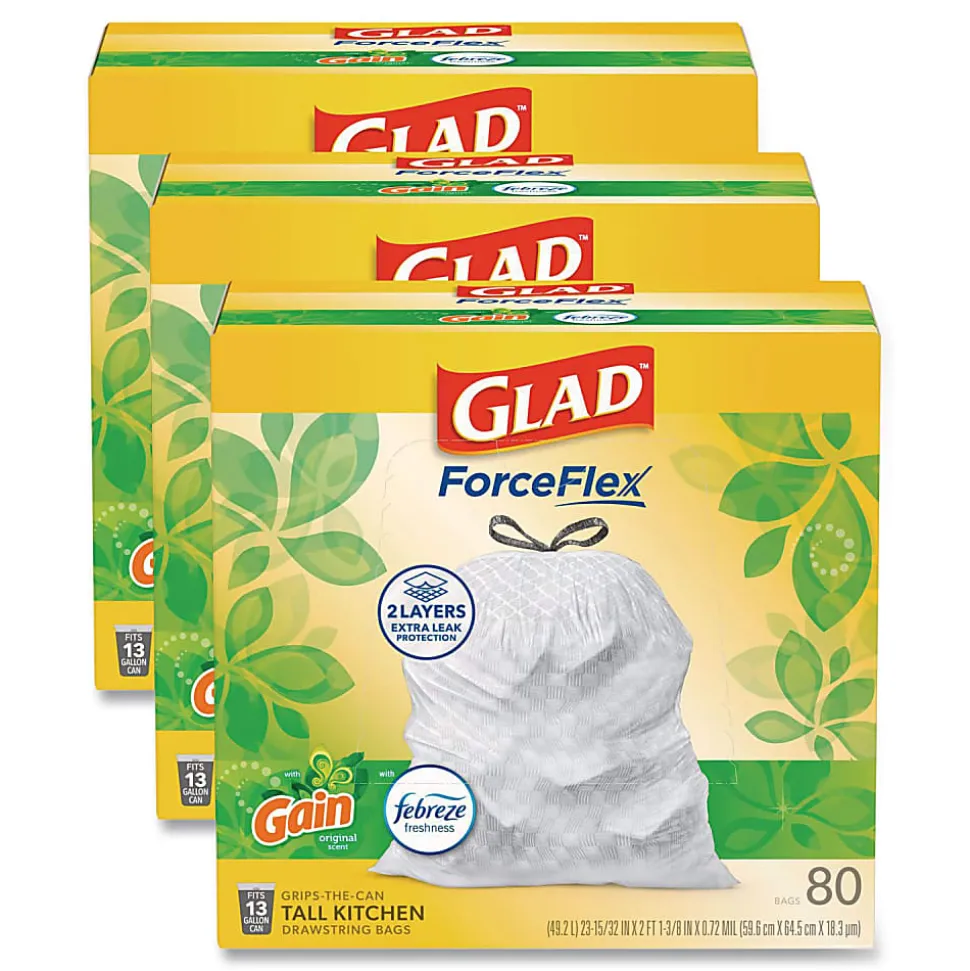 Glad ForceFlex Kitchen Drawstring Trash Bags, 13 gal, Gain Original Scent, 24" x 27.38", White, 80 Bags/Box, 3 Boxes/Carton