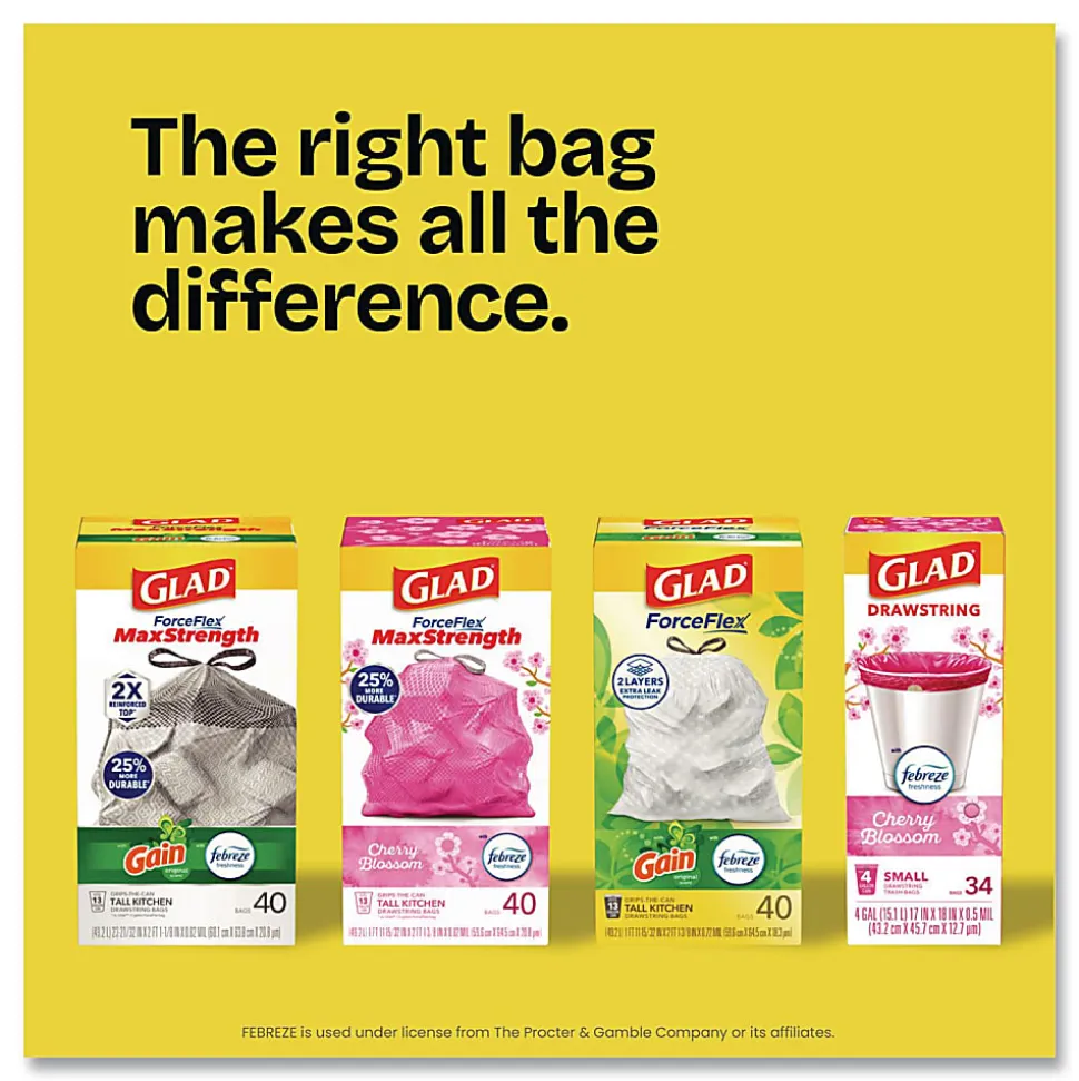 Glad ForceFlex Kitchen Drawstring Trash Bags, 13 gal, Gain Original Scent, 24" x 27.38", White, 80 Bags/Box, 3 Boxes/Carton