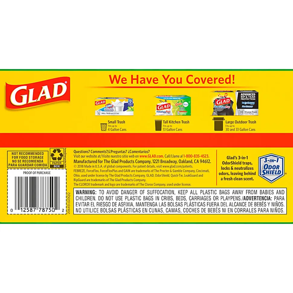 Glad ForceFlex Kitchen Drawstring Trash Bags, 13 gal, Gain Original Scent, 24" x 27.38", White, 80 Bags/Box, 3 Boxes/Carton